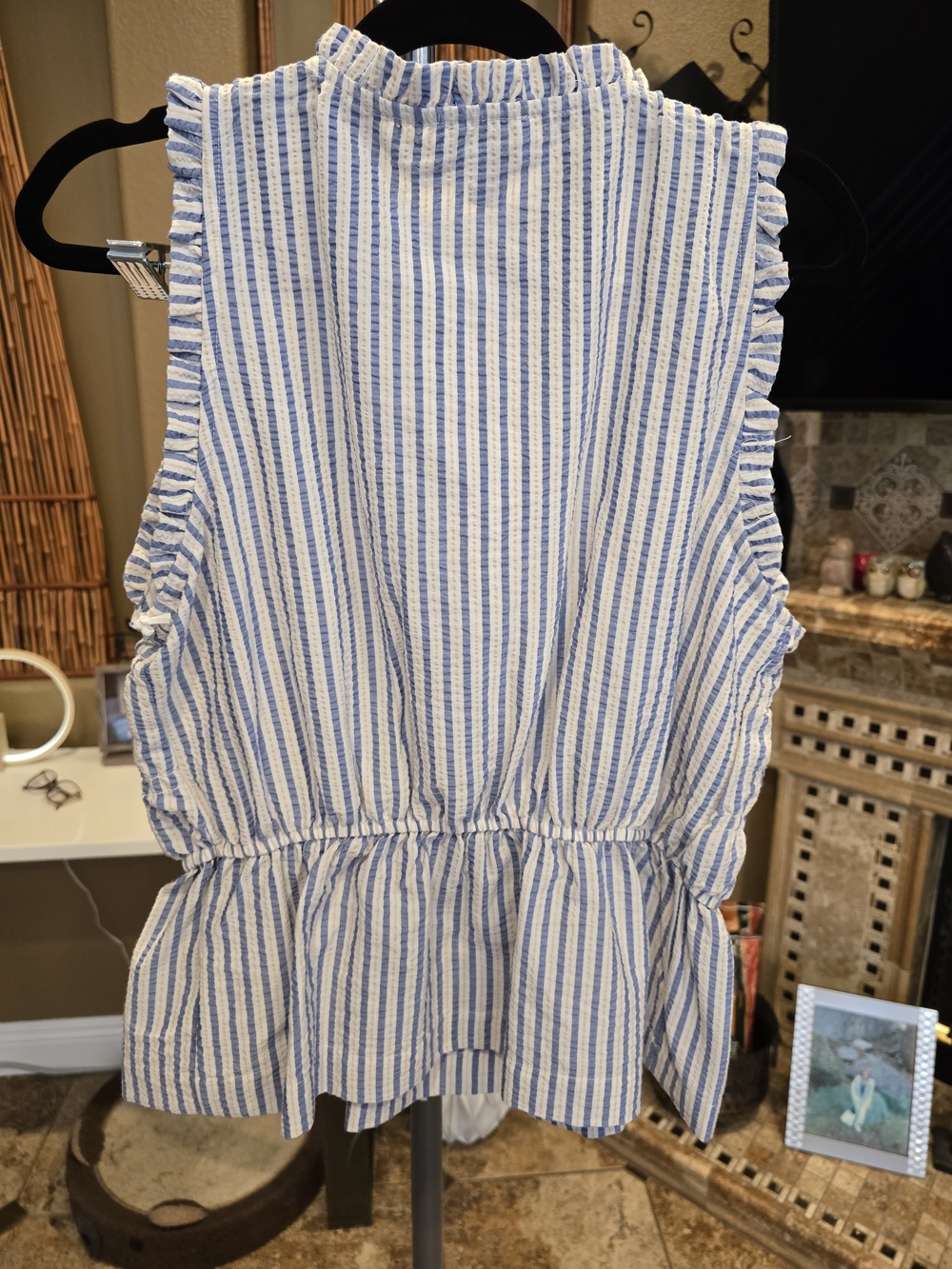 CeCe Blue and White Striped Ruffle Tie-Front Peplum Tank - Picture 6 of 6